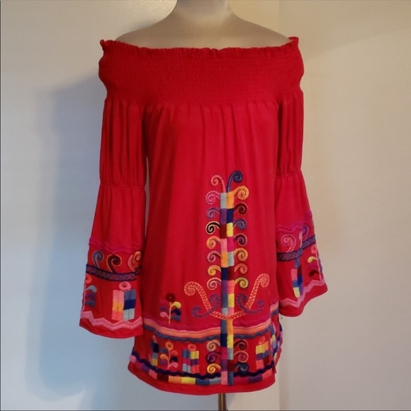 😻Anthro Vava Red Embroidered Off Shoulder Dress💖 - Picture 4 of 7